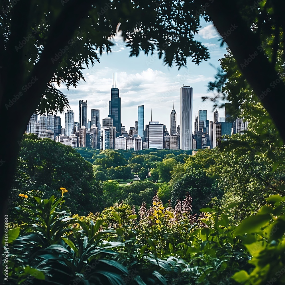Fototapeta premium Urban buildings and green foreground bright sky high resolution picture