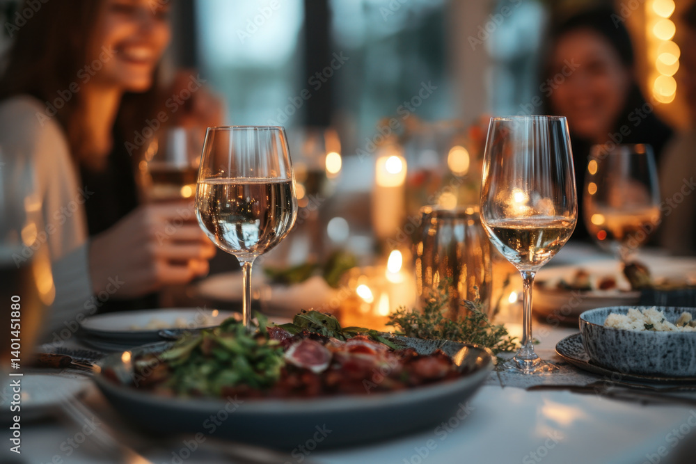 Obraz premium Table set with plates and glasses of wine for an elegant dinner party.