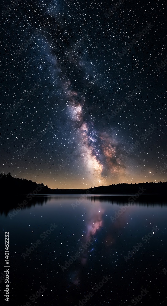 Night sky filled with stars and the Milky Way over a calm lake, reflection on the water, silhouette of trees in the background. Night sky filled with stars and the Milky Way over a calm lake, reflection on the water, silhouette of trees in the background.
