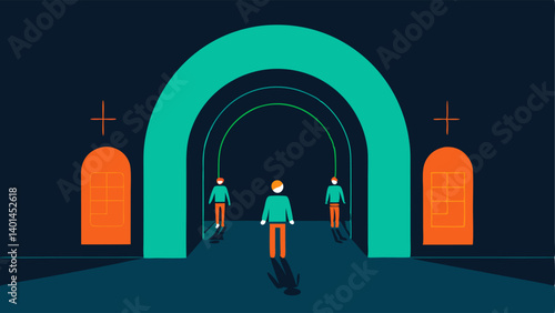 Sale Hologram Arch An archway made of shimmering holograms showing scrolling sale information in electric orange and teal. Shoppers walk through their faces illuminated by the