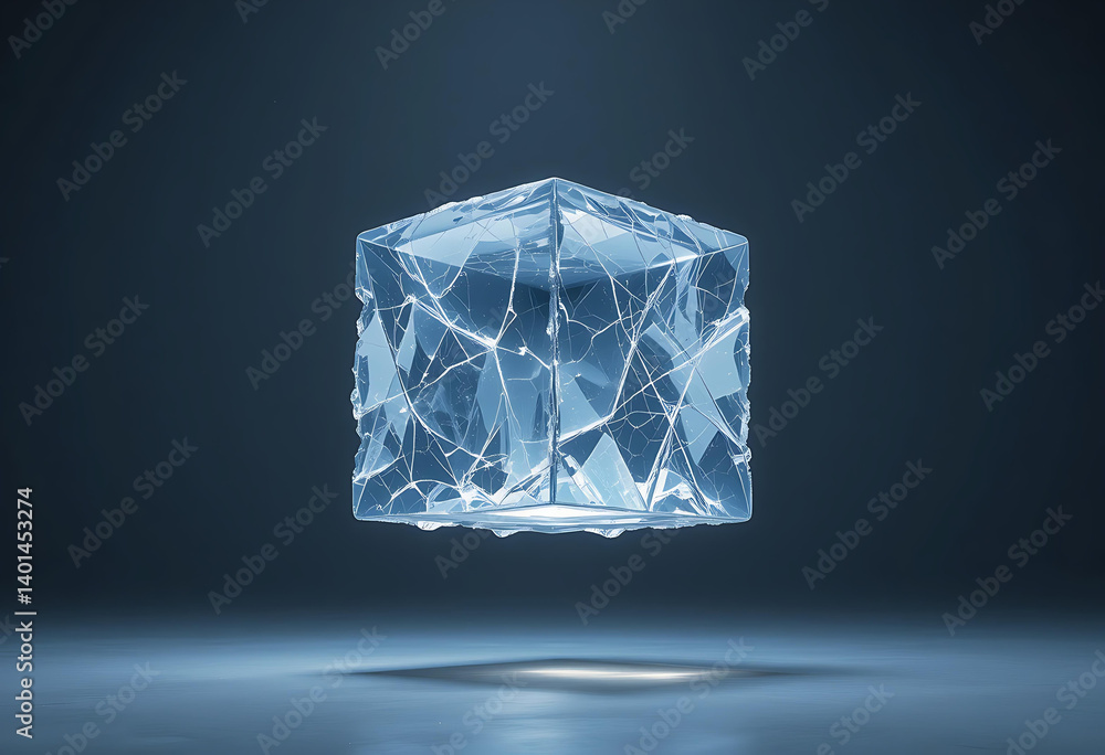 Frozen in Time: Cracked Ice Cube Suspended Above a Reflective Surface in Cool Blue Light Frozen in Time: Cracked Ice Cube Suspended Above a Reflective Surface in Cool Blue Light