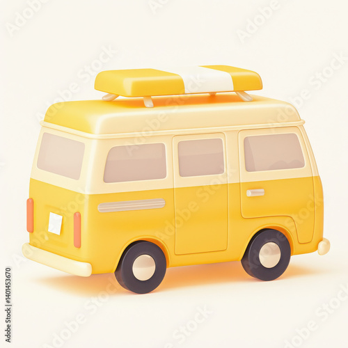 A cheerful yellow toy van with a roof rack, perfect for summer adventures and travel fun.