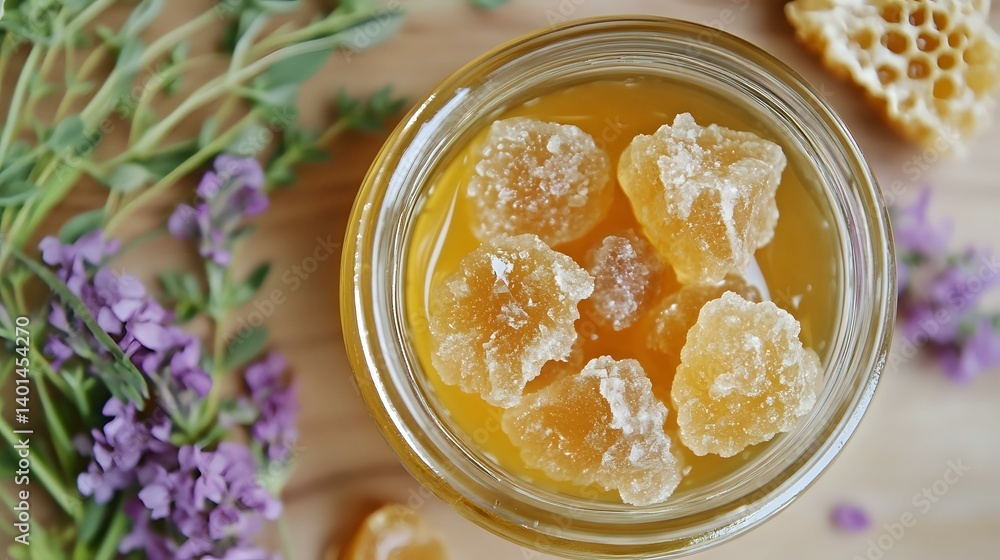A close-up of crystalized honey in a glass jar beside beeswax and floral herbs, symbolizing purity and sweetness A close-up of crystalized honey in a glass jar beside beeswax and floral herbs, symbolizing purity and sweetness