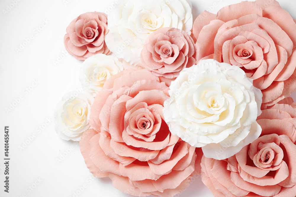 Beautiful paper flowers on white background, flat lay Beautiful paper flowers on white background, flat lay
