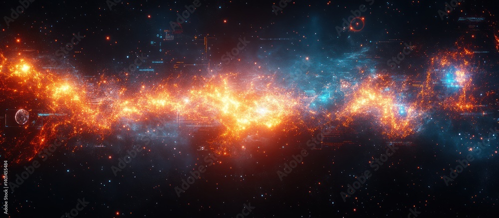 Fiery cosmic nebula with digital overlay. Fiery cosmic nebula with digital overlay.