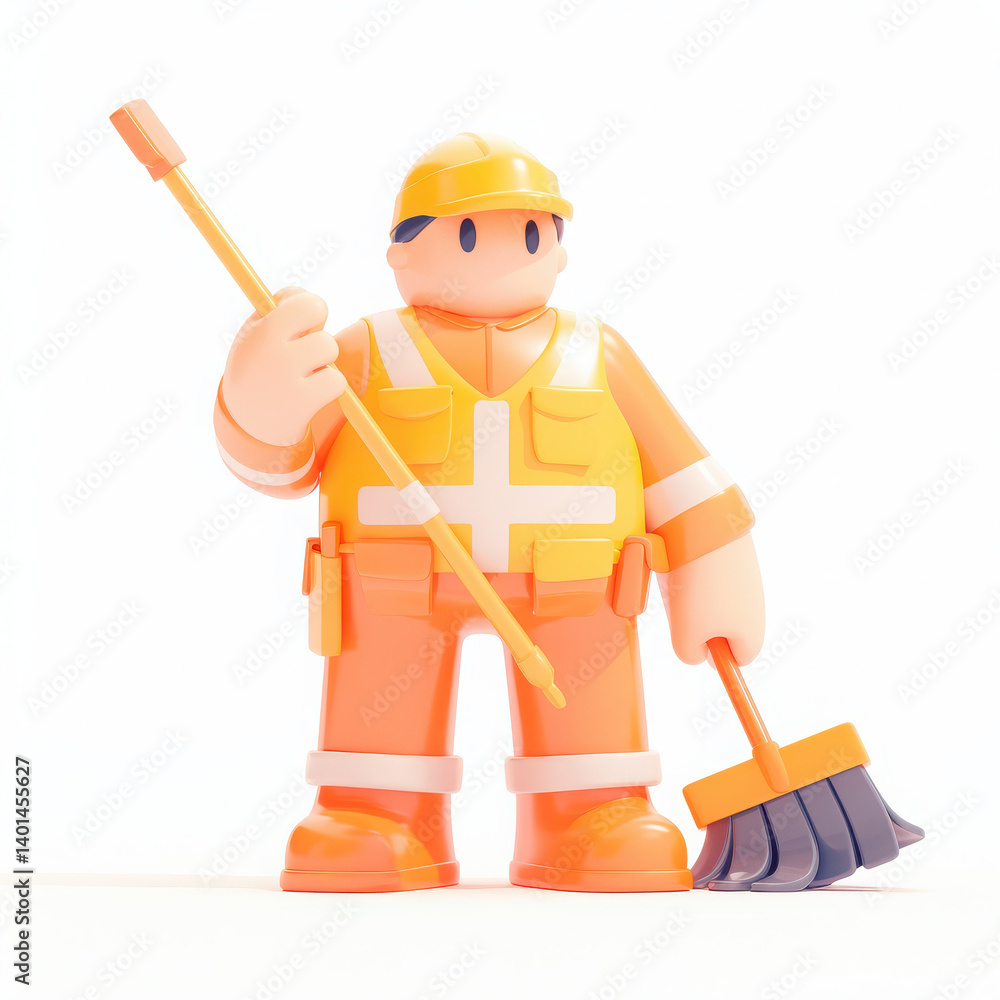 Cartoon construction worker holding a broom and wearing safety gear, isolated on a white background. Cartoon construction worker holding a broom and wearing safety gear, isolated on a white background.