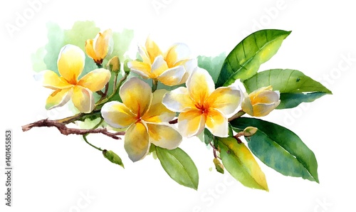 Watercolor painting of frangipani flowers with leaves on a branch against a white background