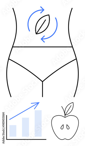 Minimalist line art of human abdomen, leaf depicting metabolism, graph indicating progress, and an apple symbolizing nutrition. Ideal for health, lifestyle, fitness, wellness, diet self-care themes