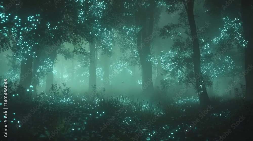 Obraz premium Enchanted Mystical Forest Night Scene Glowing Fireflies Magical Teal Green Trees Fog Fantasy Dreamlike Atmosphere Digital Art Background Illustration 