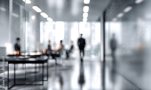 Blurry office scene with people in a meeting and a person walking in a modern corporate environment