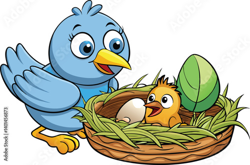 Adorable cartoon mother bird tenderly watching over her baby chick in a cozy nest with an egg, showcasing a heartwarming parental bond in nature.