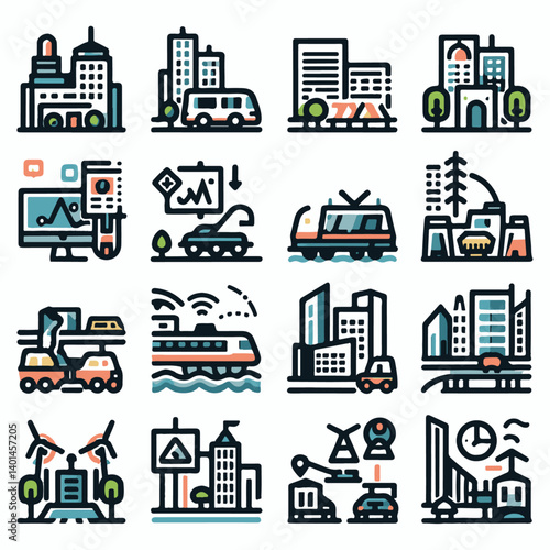 Set of industrial vector icons and buildings in an urban cityscape design