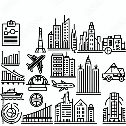 Vector illustration of city buildings and skyline with urban and industrial icons, including factories, skyscrapers, and towers, in a black silhouette design