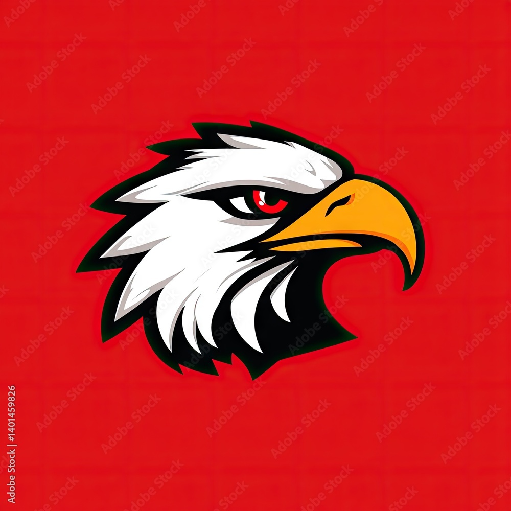 Obraz premium A bold illustration of an eagle's head against a vibrant red background.