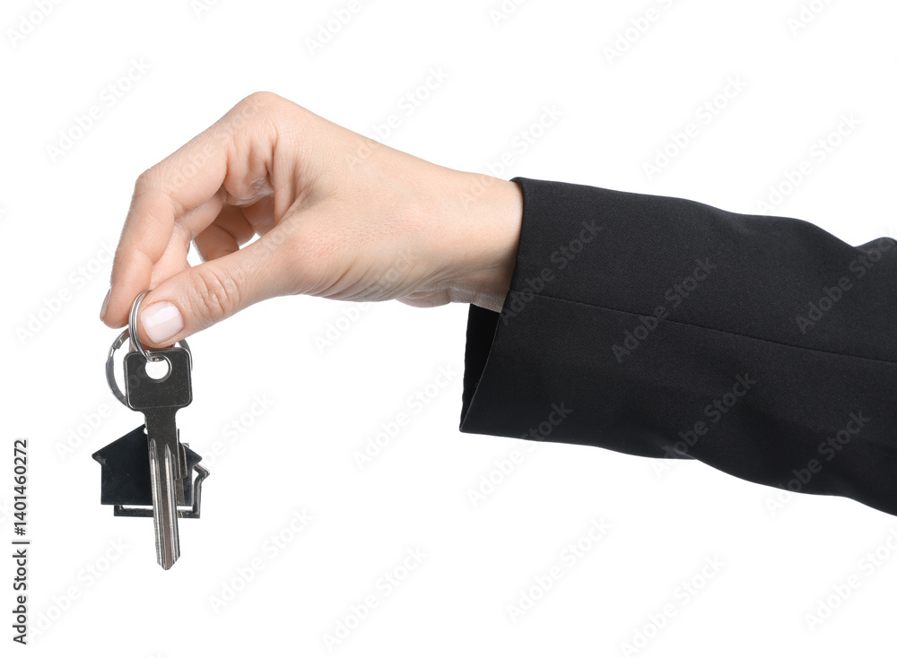 Real estate agent holding key with house shaped keychain on white background, closeup Real estate agent holding key with house shaped keychain on white background, closeup