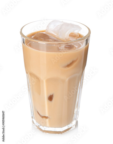 Tasty iced coffee in glass isolated on white