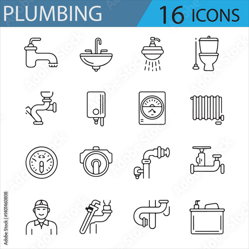 Home Plumbing and Maintenance Icons Set in Line Art Style