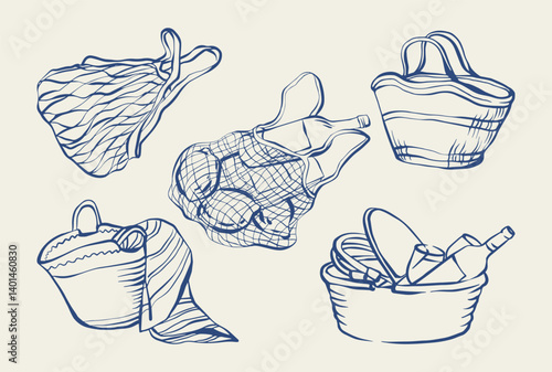Hand drawn beach bag set. Summer ink illustration of beach bags, totes, picnic basket with lemons, bottle, towel. Vintage Mediterranean doodle vector. Summer sketch for posters, cards, invitations.