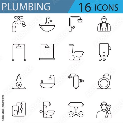 Set of 16 Plumbing and Home Repair Icons for Plumbing Services