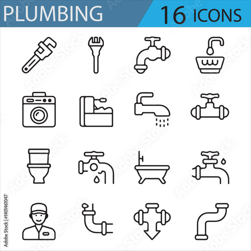 Collection of 16 Plumbing Icons - Faucets, Sinks, and Toilets