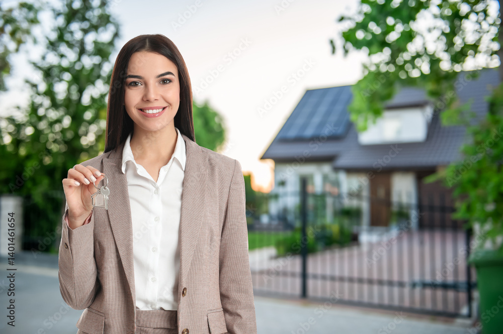 Real estate agent holding key near house outdoors Real estate agent holding key near house outdoors