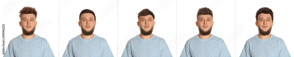 Man with different hairstyles on white background, collage of portraits Man with different hairstyles on white background, collage of portraits