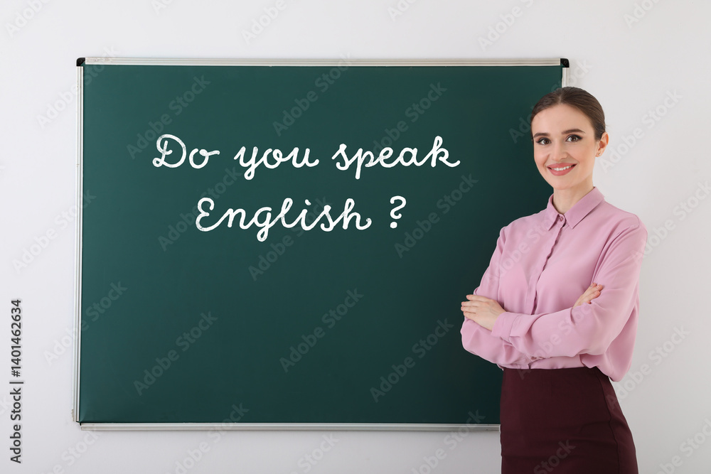 Teacher near green chalkboard with phrase Do You Speak English? in classroom Teacher near green chalkboard with phrase Do You Speak English? in classroom