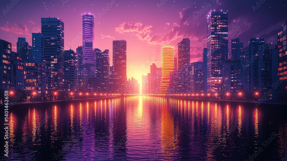 Fototapeta premium Neon Cityscape at Sunset: A Vibrant Metropolis