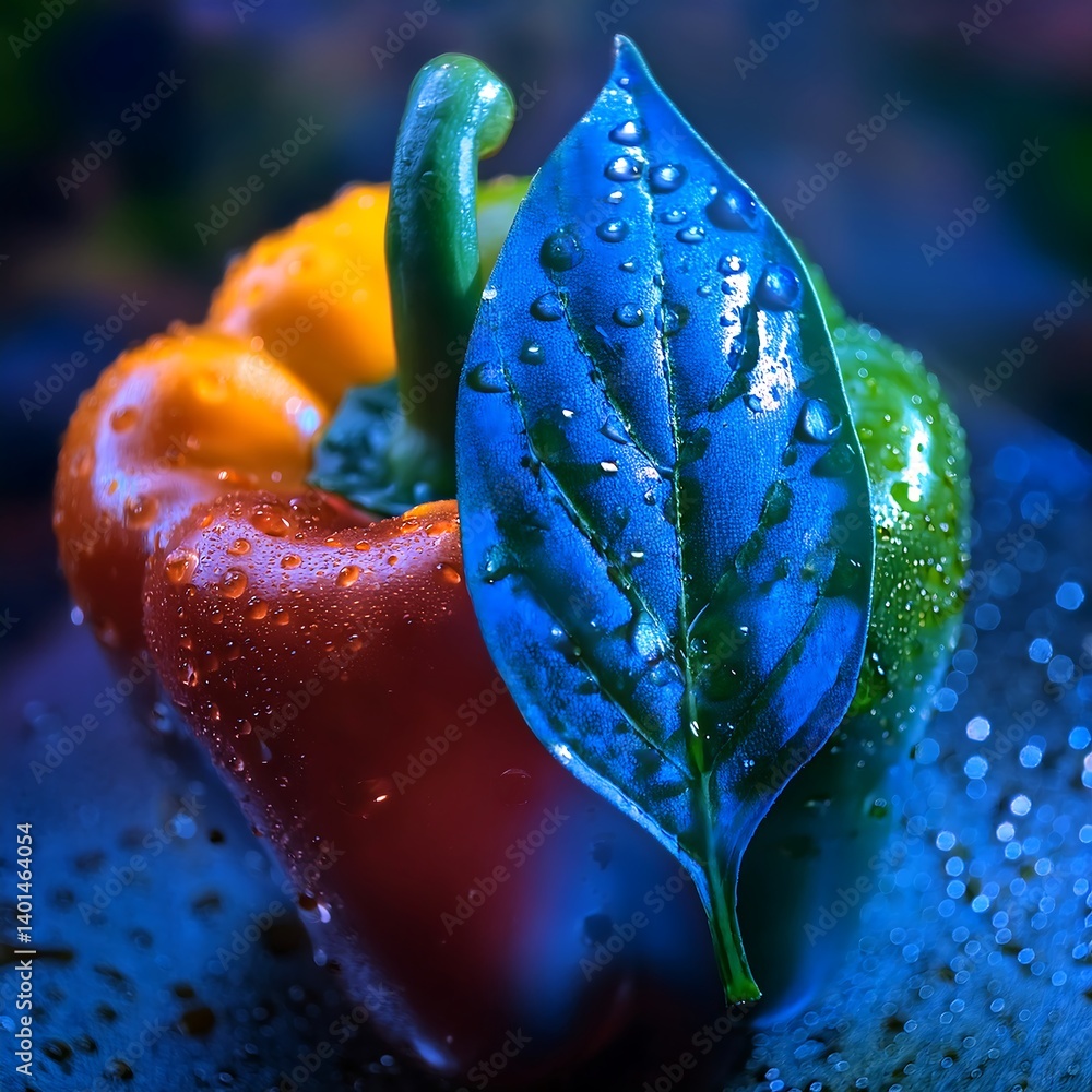Vibrant Bell Pepper with Colorful Leaf Under Falling Water Droplets in Blue Light. AI Generative