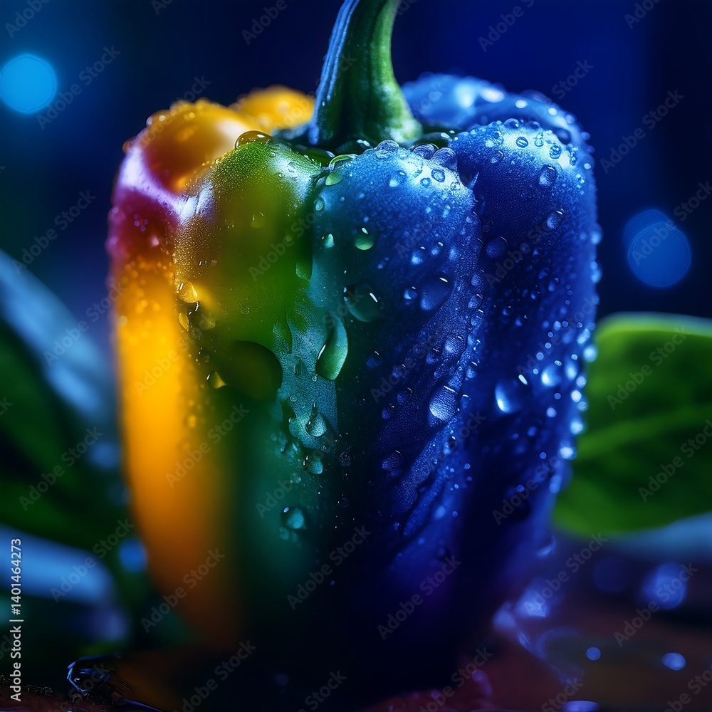 Vibrant Bell Pepper with Colorful Leaf Under Falling Water Droplets in Blue Light. AI Generative