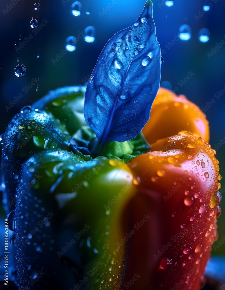 Vibrant Bell Pepper with Colorful Leaf Under Falling Water Droplets in Blue Light. AI Generative