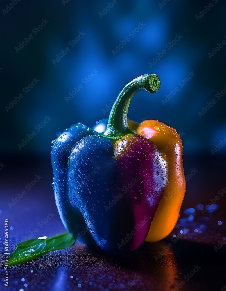 Vibrant Bell Pepper with Colorful Leaf Under Falling Water Droplets in Blue Light. AI Generative