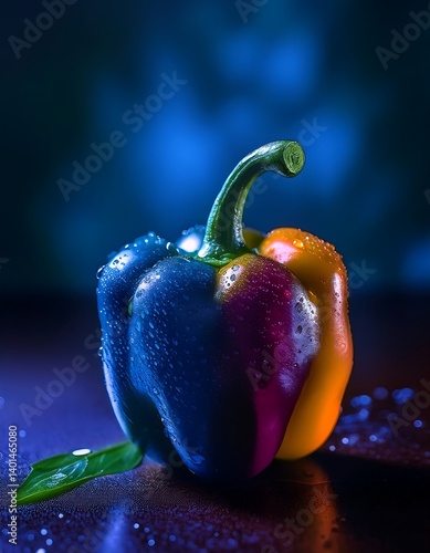 Obraz na płótnie Vibrant Bell Pepper with Colorful Leaf Under Falling Water Droplets in Blue Light. AI Generative w salonie