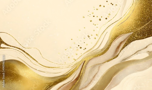 Abstract beige and gold background with flowing lines and scattered glittery dots and wavy patterns
