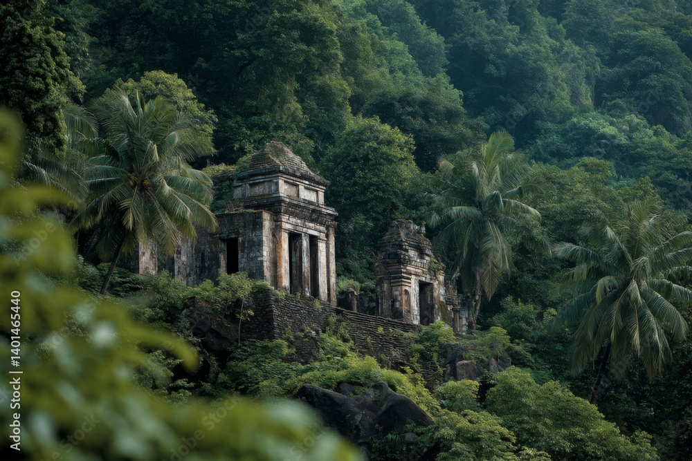 Obraz premium Misty, early morning light reveals weathered temple ruins nestled in dense greenery, offering a glimpse into history and nature's beauty Generative AI