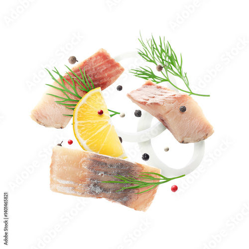 Obraz na płótnie Pieces of herring, lemon, onion, dill and peppers mix in air on white background w salonie