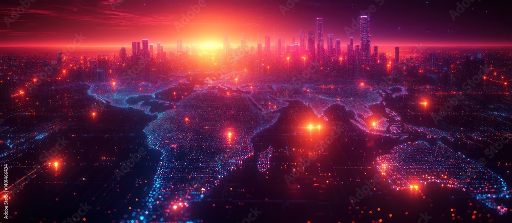 Futuristic cityscape at sunset, global network. Futuristic cityscape at sunset, global network.