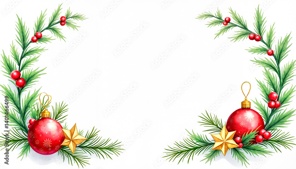 Watercolor-style Christmas botanical arrangement featuring fir branches, holly leaves, red baubles, and golden stars on a white background with free space for text. Magical concept of Christmas and N Watercolor-style Christmas botanical arrangement featuring fir branches, holly leaves, red baubles, and golden stars on a white background with free space for text. Magical concept of Christmas and N
