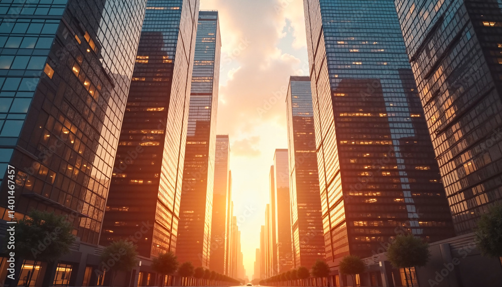 Fototapeta premium Modern skyscrapers reflecting golden sunset, towering above city street, dynamic urban elegance.