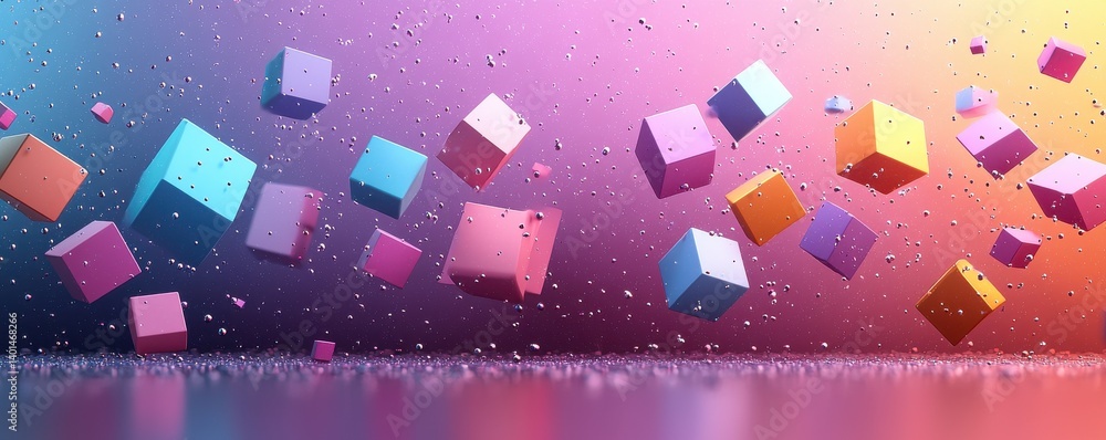 Floating colorful cubes with vibrant gradient background and ambient water droplets