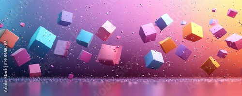 Obraz na płótnie Floating colorful cubes with vibrant gradient background and ambient water droplets w salonie
