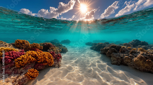 Obraz na płótnie Underwater view of vibrant coral reef with golden and red soft corals on sandy seabed, sunbeams shining through clear turquoise water surface with clouds above, tropical marine ecosystem w salonie