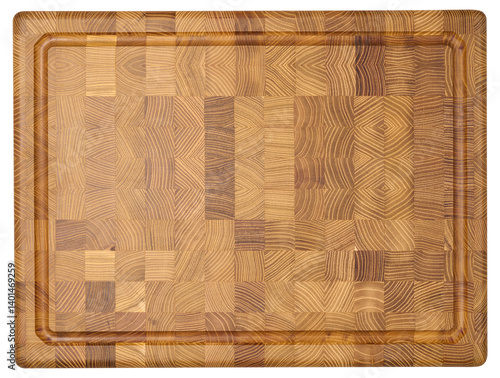 Top down view of a rectangular wooden cutting board made of end grain construction, showcasing a mosaic of wood patterns