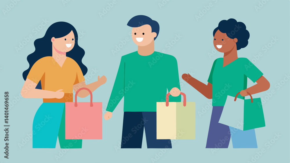 Fototapeta premium Shopping with SustainablyMinded Friends A group of friends shopping together each carrying their own unique reusable bags discussing ideas for wrapping gifts sustainably.