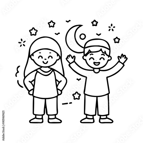 kids celebrating eid icon, kids celebrating eid line art - simple line art of kids celebrating eid, perfect for kids celebrating eid logos and icons