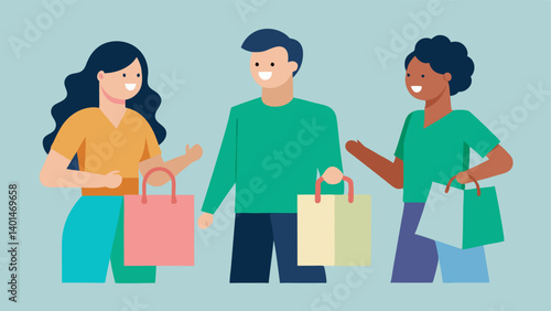 Shopping with SustainablyMinded Friends A group of friends shopping together each carrying their own unique reusable bags discussing ideas for wrapping gifts sustainably.