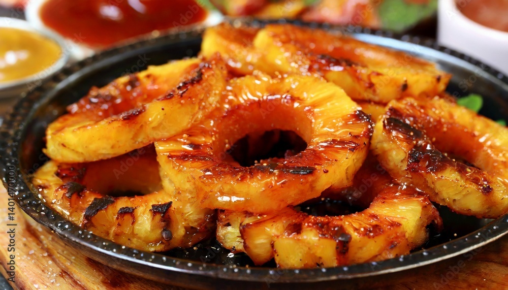 Grilled pineapple rings with a caramelized finish, adding a sweet and savory twist Grilled pineapple rings with a caramelized finish, adding a sweet and savory twist