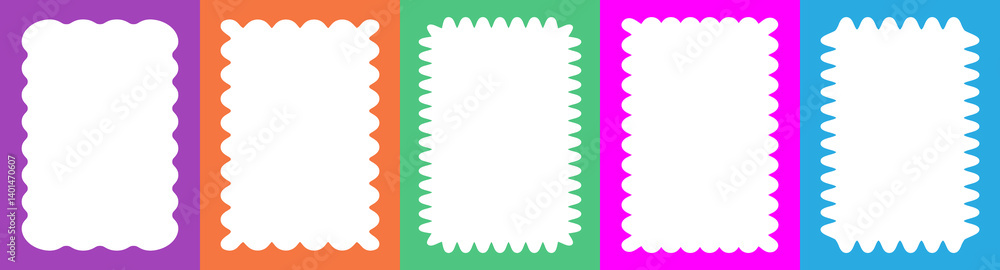 Wavy scalloped set color rectangular frame doodle drawn style for design project, decoration, funky zigzag. Retro Vector Wavy scalloped set color rectangular frame doodle drawn style for design project, decoration, funky zigzag. Retro Vector