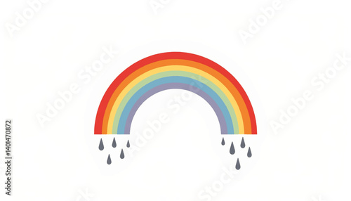 Geometric rainbow arching over raindrops on white background, positivity