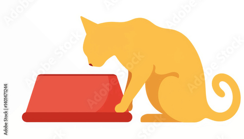 Curious cat sniffing red food bowl, playful observation